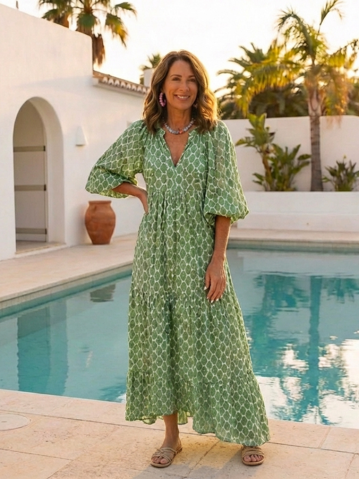 Midi Dress | Three-Quarter Sleeve | Elegant V-Neck Design | Patterned for a Chic Look