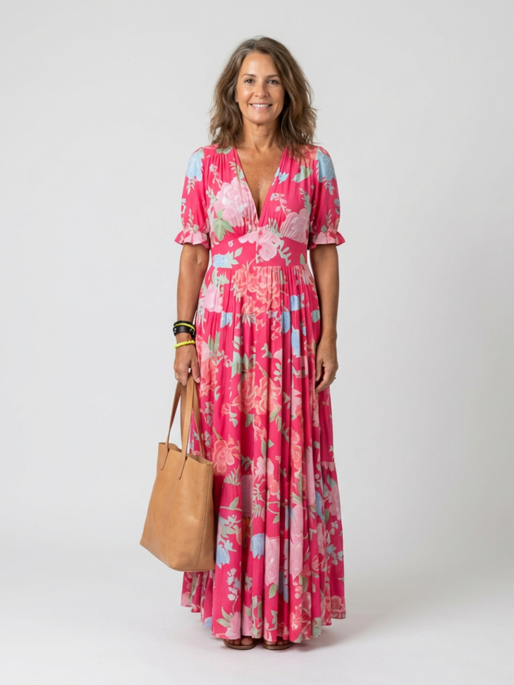 Floral Midi Dress | Short Sleeve V-Neck | Perfect for Summer Events | Lightweight and Comfortable Fabric