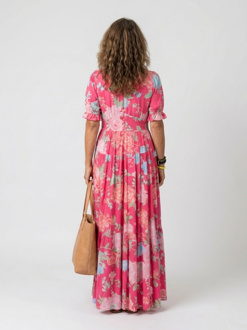 Floral Midi Dress | Short Sleeve V-Neck | Perfect for Summer Events | Lightweight and Comfortable Fabric