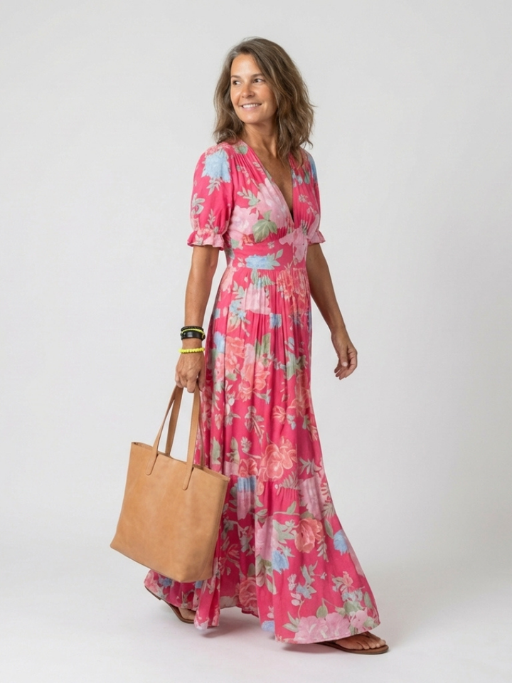 Floral Midi Dress | Short Sleeve V-Neck | Perfect for Summer Events | Lightweight and Comfortable Fabric