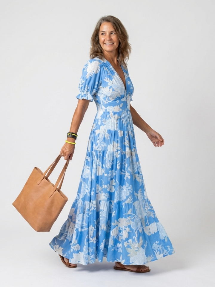 Floral Midi Dress | Short Sleeve V-Neck | Perfect for Summer Events | Lightweight and Comfortable Fabric