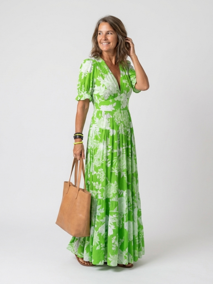 Floral Midi Dress | Short Sleeve V-Neck | Perfect for Summer Events | Lightweight and Comfortable Fabric