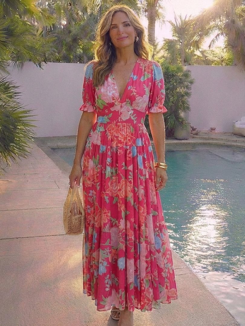 Floral Midi Dress | Short Sleeve V-Neck | Perfect for Summer Events | Lightweight and Comfortable Fabric