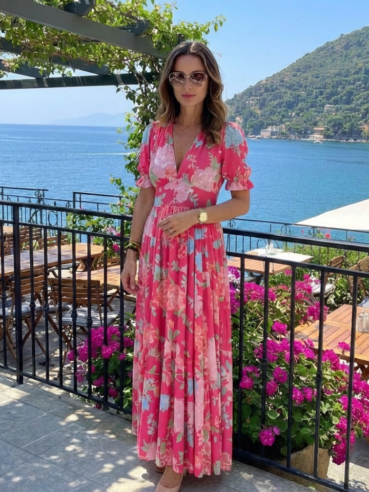 Floral Midi Dress | Short Sleeve V-Neck | Perfect for Summer Events | Lightweight and Comfortable Fabric
