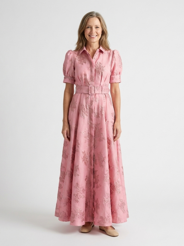 Maxi Shirt Dress | Short Sleeve & Belted | Floral Textured Design | Perfect for Casual or Formal Occasions