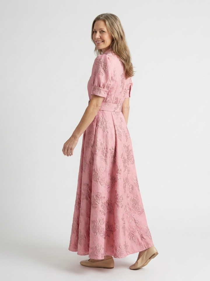 Maxi Shirt Dress | Short Sleeve & Belted | Floral Textured Design | Perfect for Casual or Formal Occasions