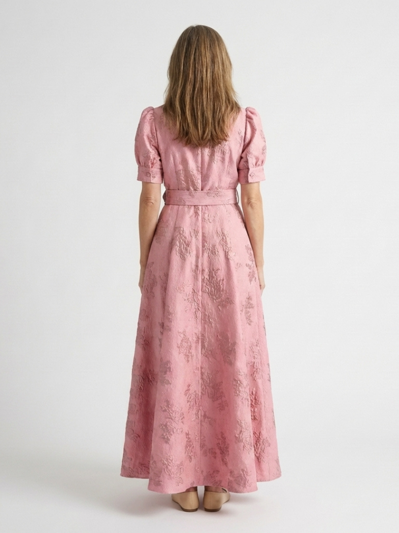 Maxi Shirt Dress | Short Sleeve & Belted | Floral Textured Design | Perfect for Casual or Formal Occasions