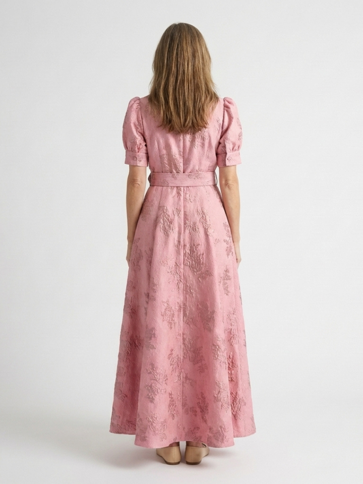 Maxi Shirt Dress | Short Sleeve & Belted | Floral Textured Design | Perfect for Casual or Formal Occasions