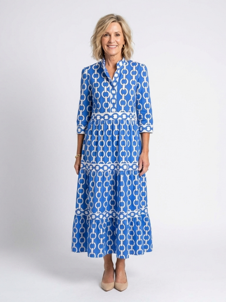 Midi Dress | Three Quarter Sleeve | Elegant Chain Pattern | Perfect for Any Occasion