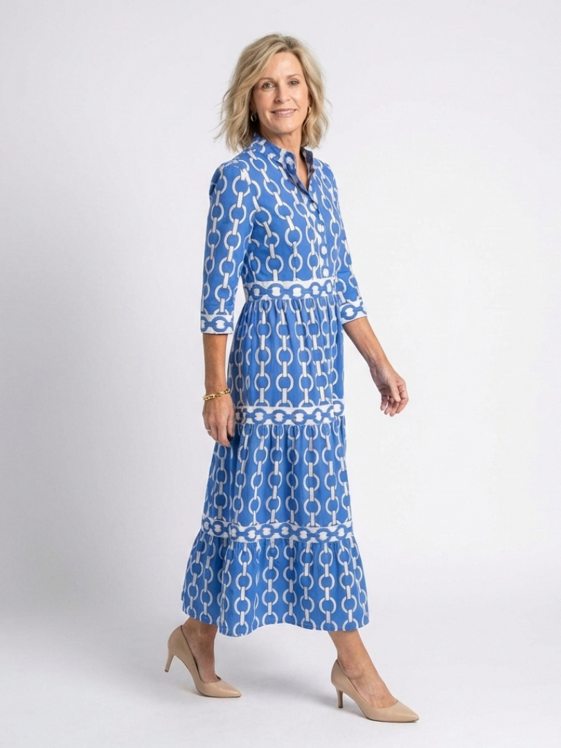 Midi Dress | Three Quarter Sleeve | Elegant Chain Pattern | Perfect for Any Occasion