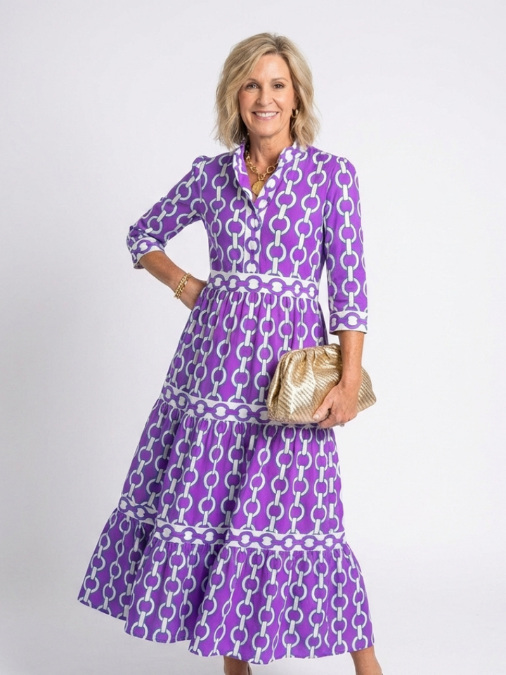Midi Dress | Three Quarter Sleeve | Elegant Chain Pattern | Perfect for Any Occasion