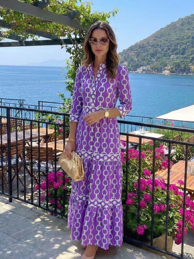 Midi Dress | Three Quarter Sleeve | Elegant Chain Pattern | Perfect for Any Occasion