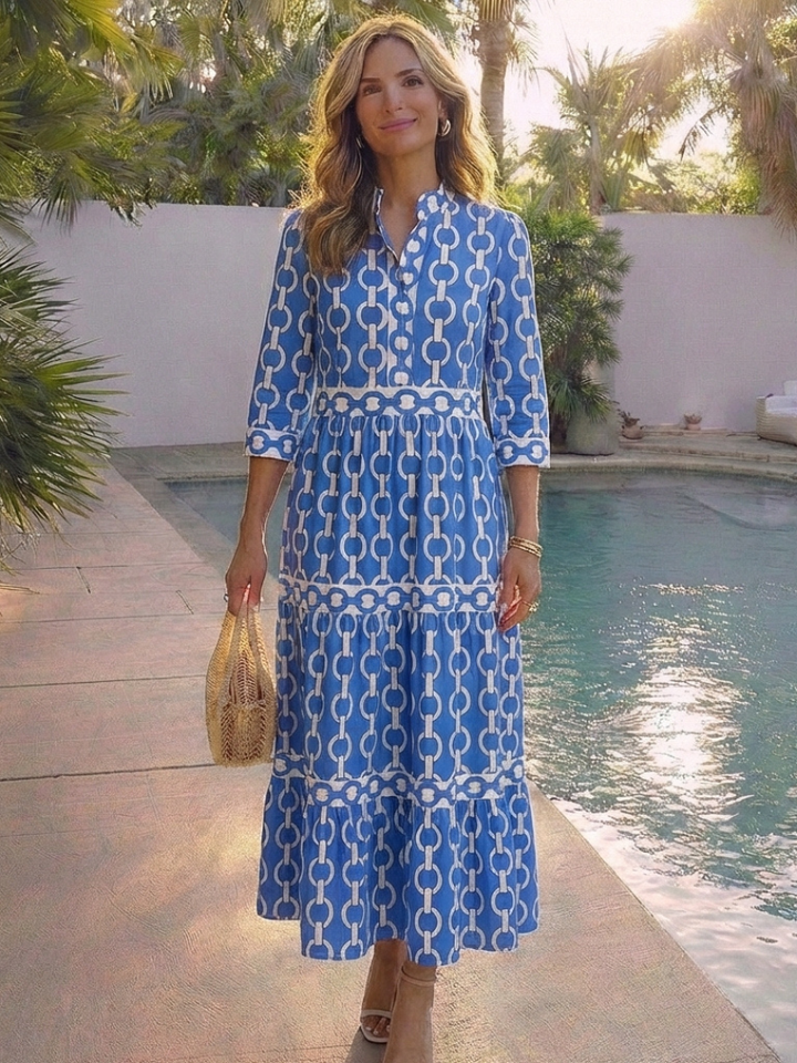 Midi Dress | Three Quarter Sleeve | Elegant Chain Pattern | Perfect for Any Occasion