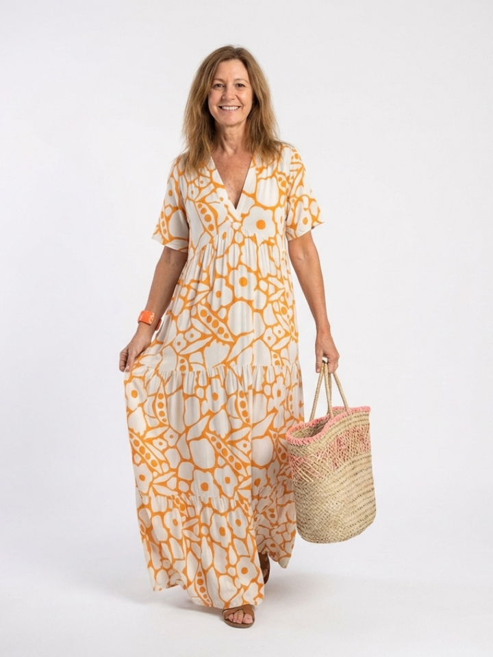 Floral Midi Dress | Short Sleeve V-Neck Design | Perfect for Casual Outings | Lightweight and Comfortable Fabric