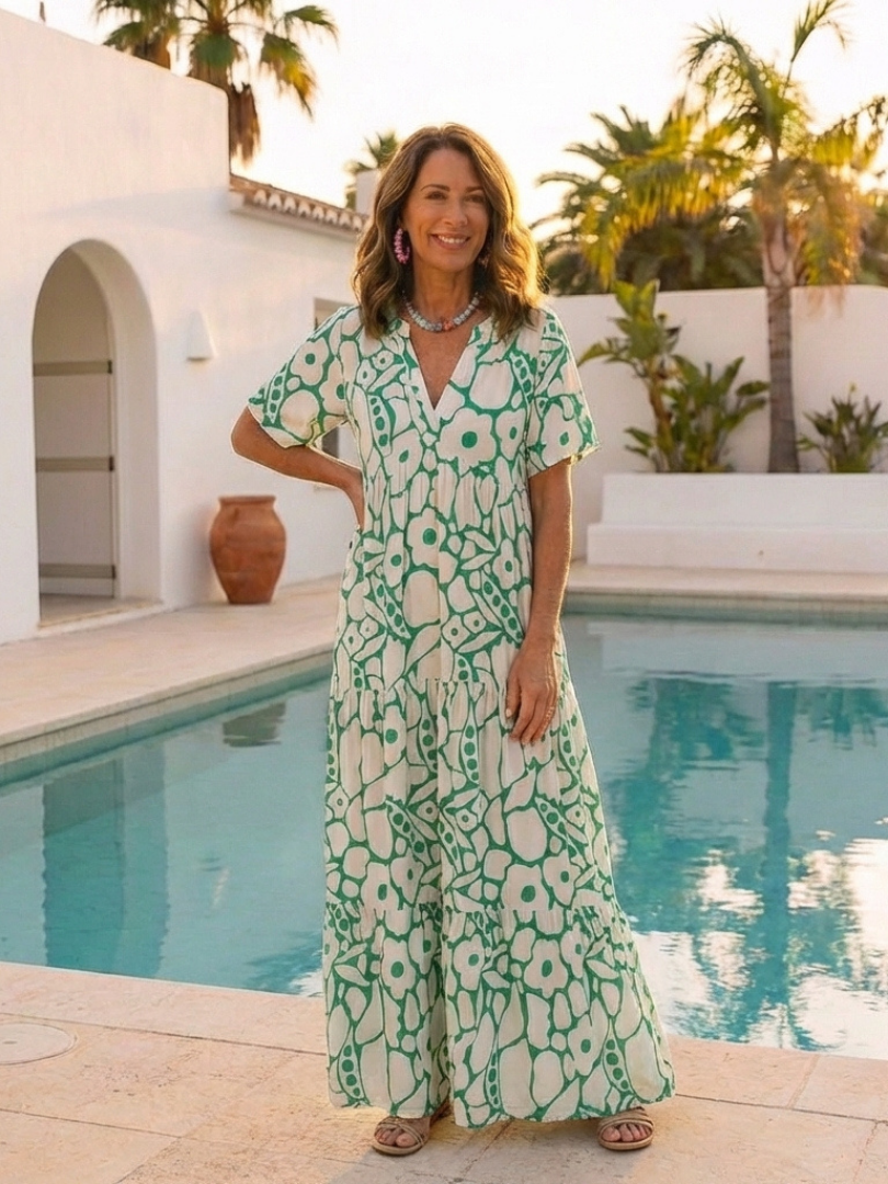 Floral Midi Dress | Short Sleeve V-Neck Design | Perfect for Casual Outings | Lightweight and Comfortable Fabric