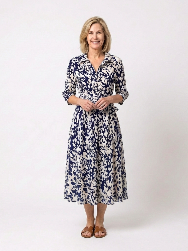Midi Dress | Collared Long Sleeve Design | Flattering Waist Tie | Perfect for Any Occasion