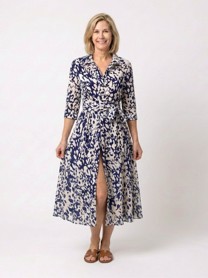 Midi Dress | Collared Long Sleeve Design | Flattering Waist Tie | Perfect for Any Occasion