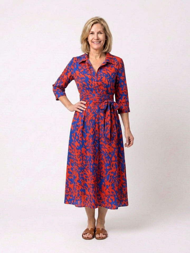 Midi Dress | Collared Long Sleeve Design | Flattering Waist Tie | Perfect for Any Occasion