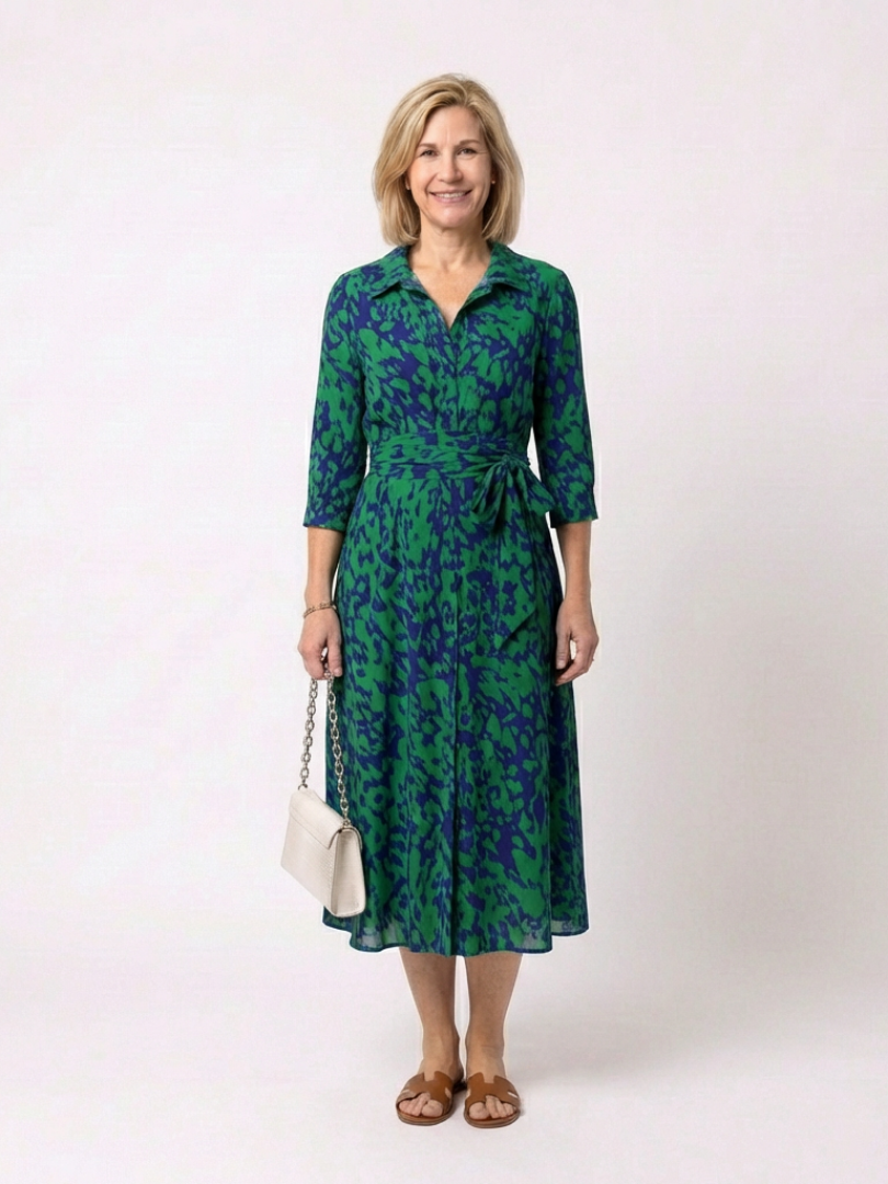 Midi Dress | Collared Long Sleeve Design | Flattering Waist Tie | Perfect for Any Occasion