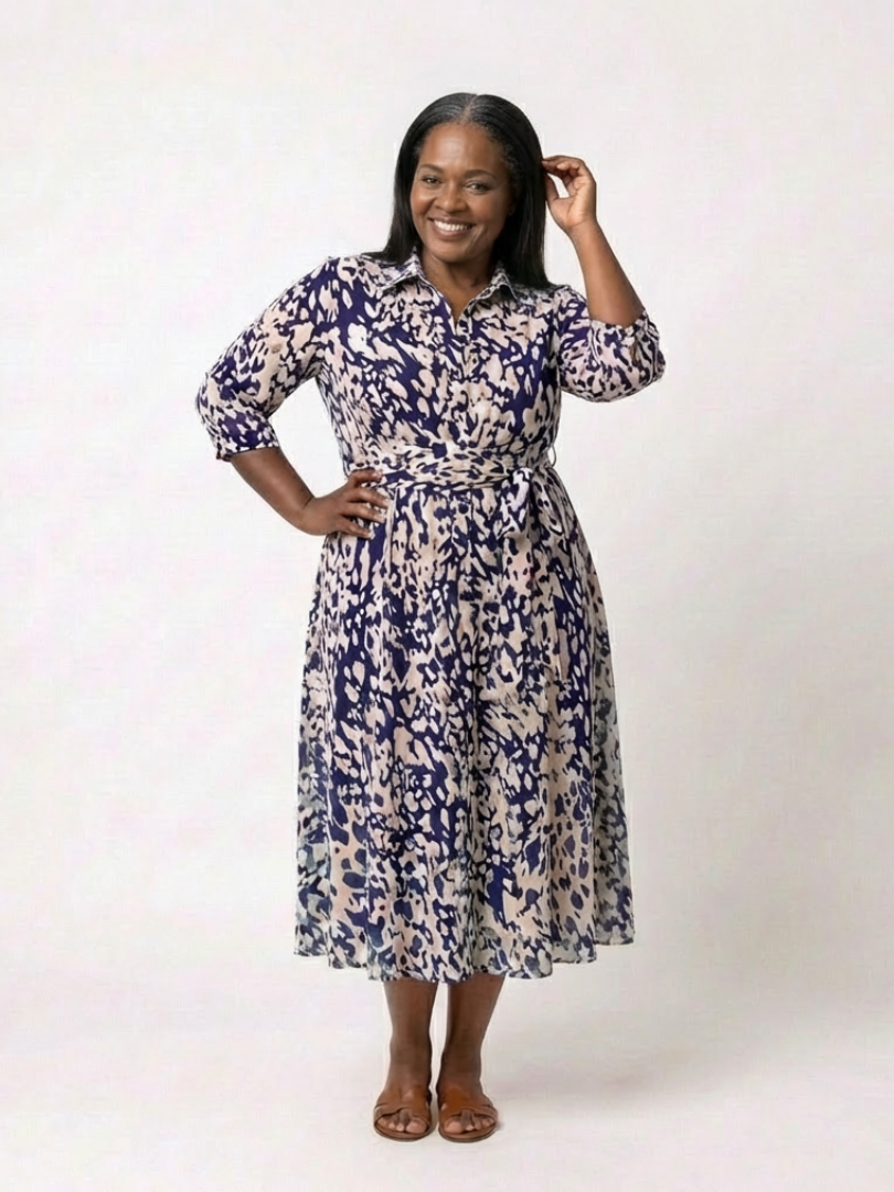 Midi Dress | Collared Long Sleeve Design | Flattering Waist Tie | Perfect for Any Occasion