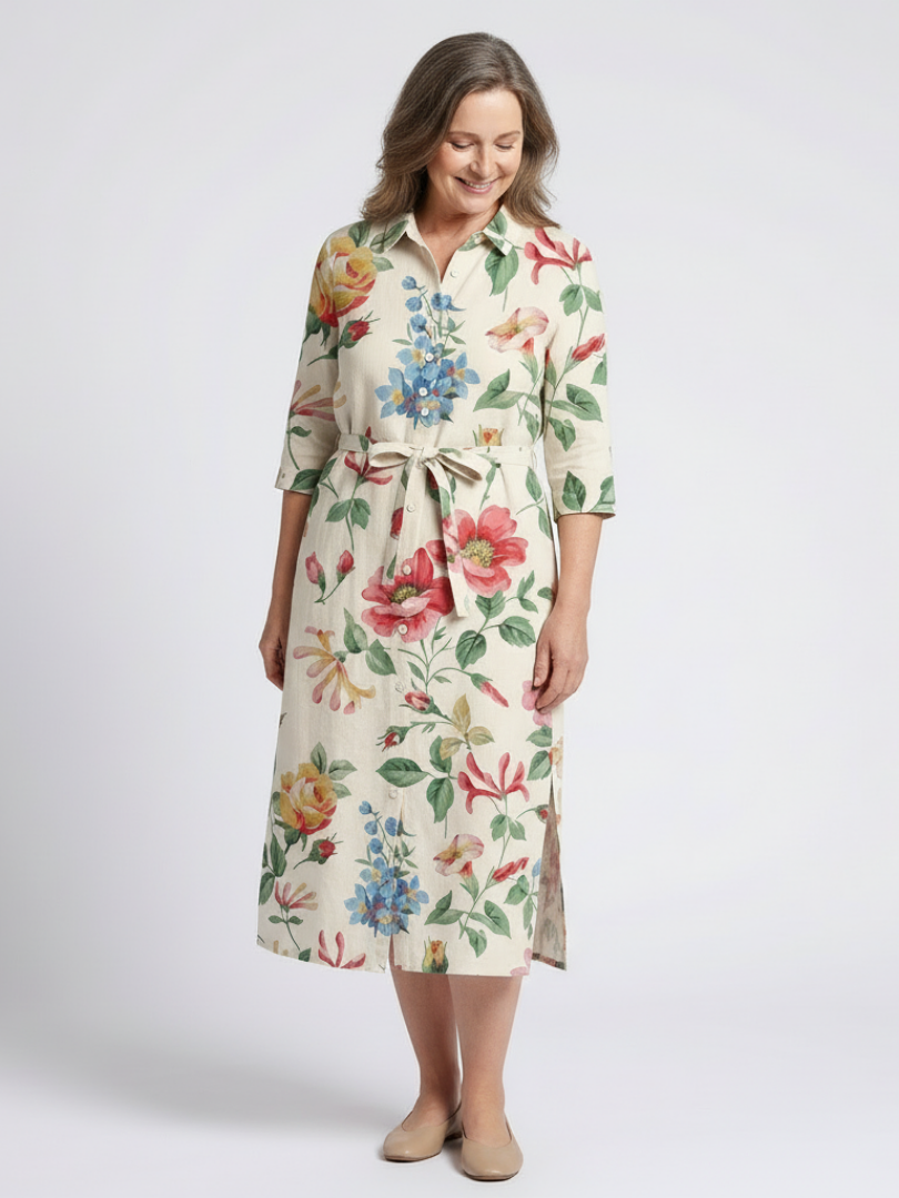 Floral Midi Dress | Button Front Design | Elegant Half Sleeve Style | Perfect for Casual or Dressy Occasions