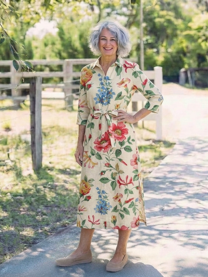 Floral Midi Dress | Button Front Design | Elegant Half Sleeve Style | Perfect for Casual or Dressy Occasions