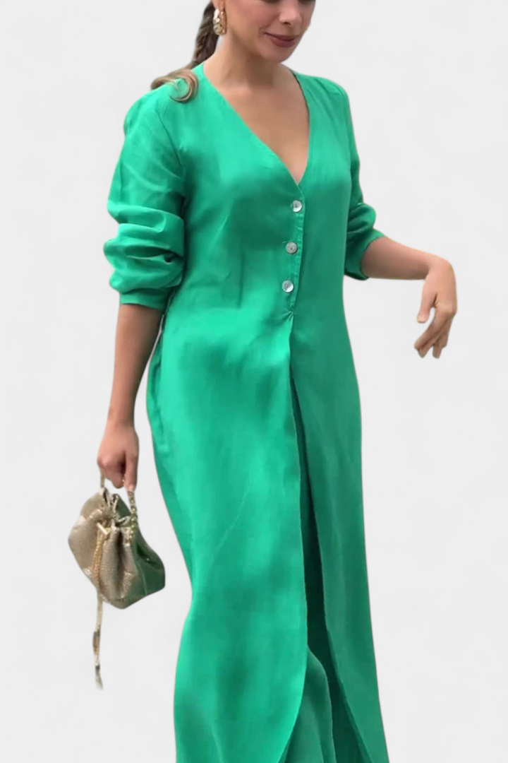 V-Neck Jumpsuit | Elegant Front Slit | Flattering Fit for Any Occasion | Soft, Flowing Fabric