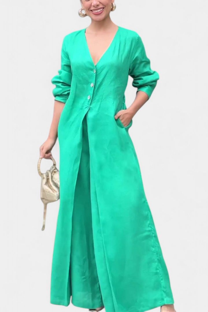 V-Neck Jumpsuit | Elegant Front Slit | Flattering Fit for Any Occasion | Soft, Flowing Fabric