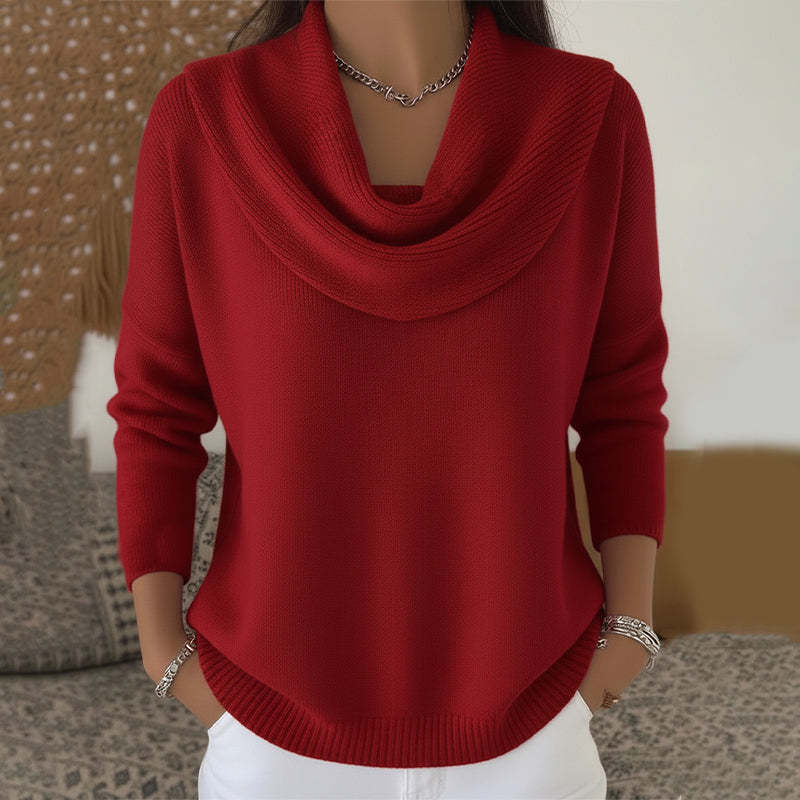 Woman wearing cowl neck knit sweater with long sleeves