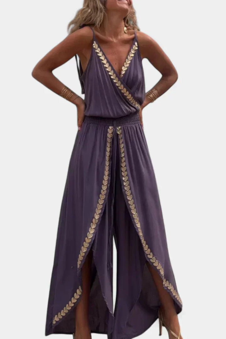 Backless Jumpsuit | Elegant Gold Accents | Perfect for Special Occasions | Comfortable Fit