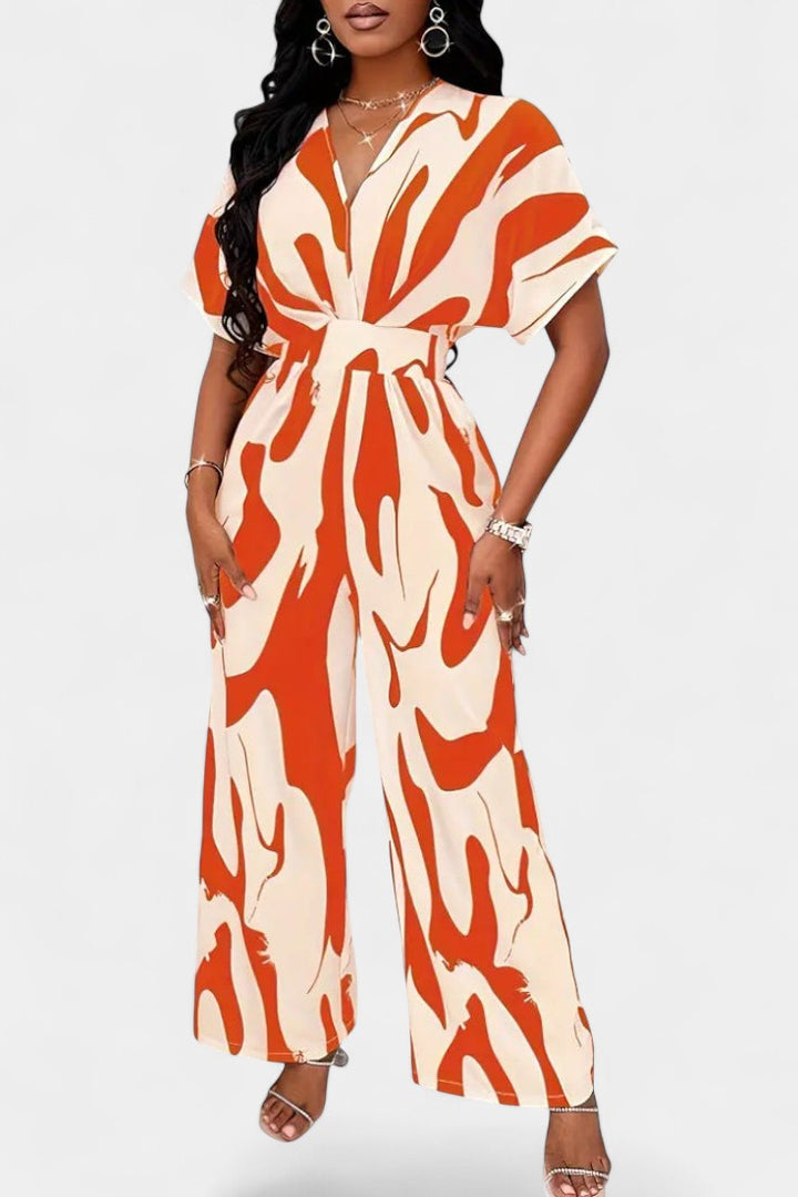 Wide-Leg Jumpsuit | V-Neck Design | Abstract Print | Comfortable and Chic Style