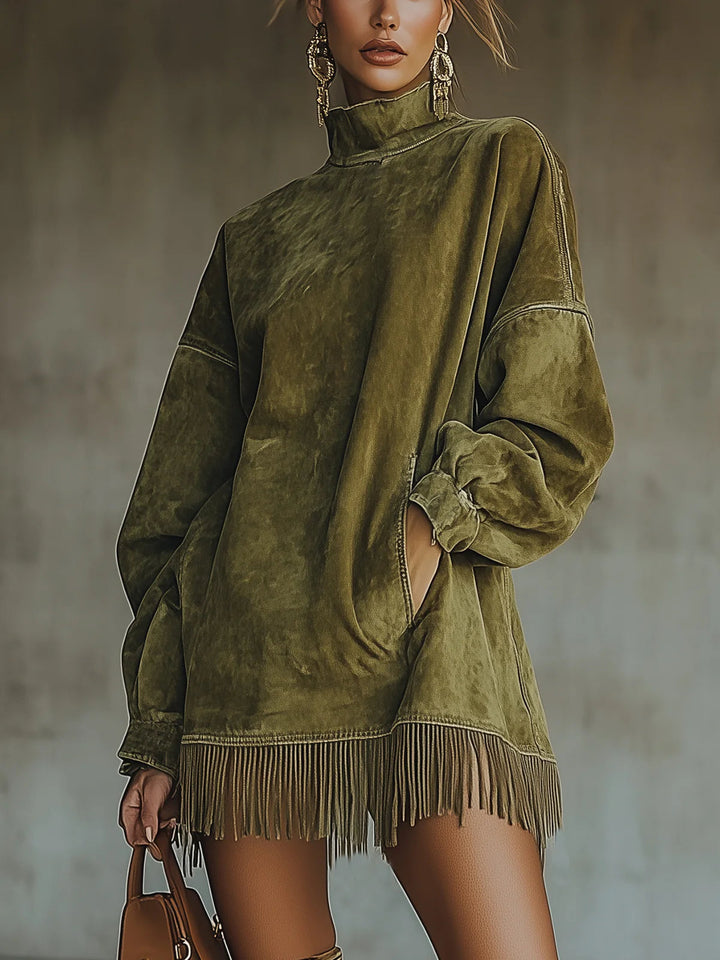 Suede Fringe Turtleneck Dress | Elegant Design | Perfect for Fall Events | Soft and Comfortable Material