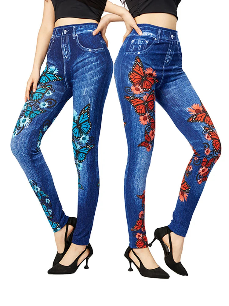 Women's High-Waisted Jeggings | With Butterfly Design