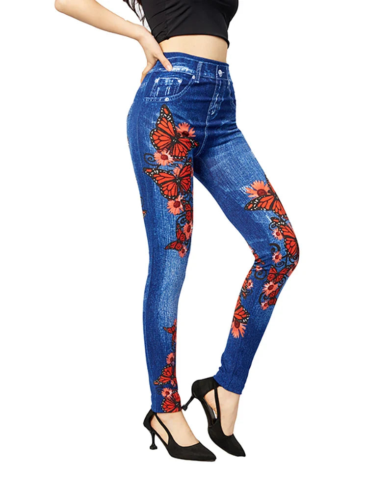 Women's High-Waisted Jeggings | With Butterfly Design