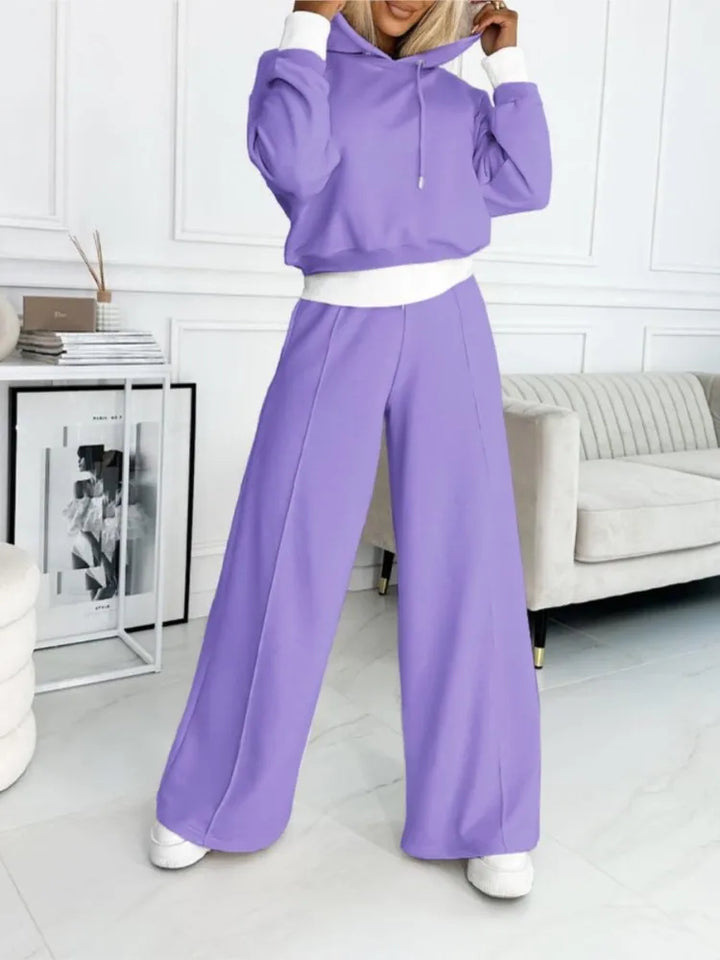 Set consisting of hooded top and wide-leg pants for women | Classic