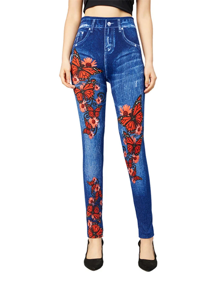 Women's High-Waisted Jeggings | With Butterfly Design