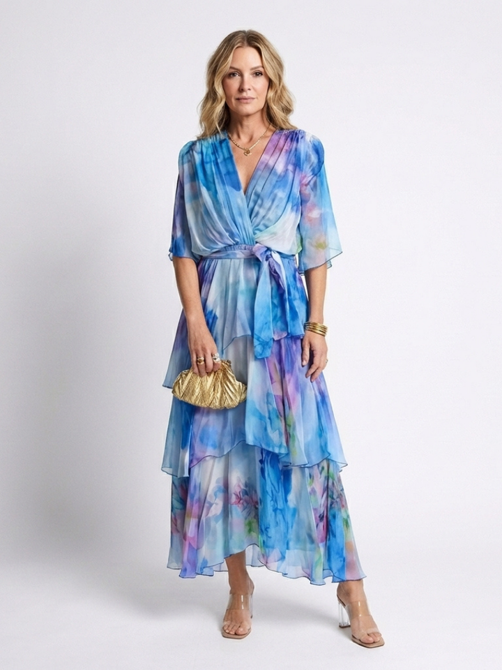 Maxi Dress | Sheer Layered Design | Flattering V Neck with Tie Waist | Elegant and Versatile Style