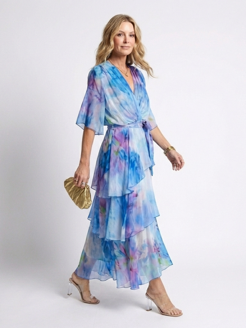 Maxi Dress | Sheer Layered Design | Flattering V Neck with Tie Waist | Elegant and Versatile Style