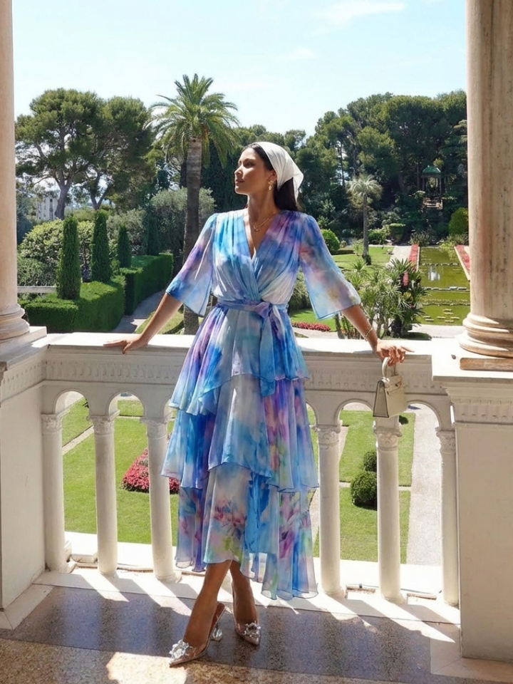 Maxi Dress | Sheer Layered Design | Flattering V Neck with Tie Waist | Elegant and Versatile Style