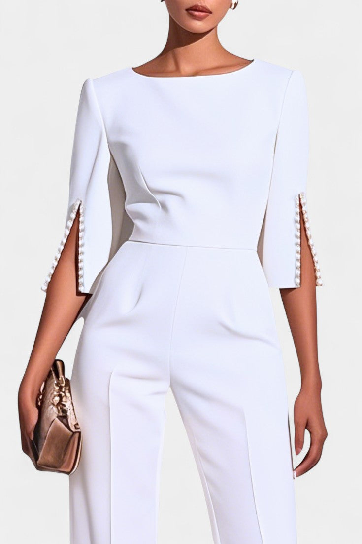 Three-Quarter Sleeve Jumpsuit | Elegant Pearl Accents | Perfect for Special Occasions | Comfortable and Versatile Design