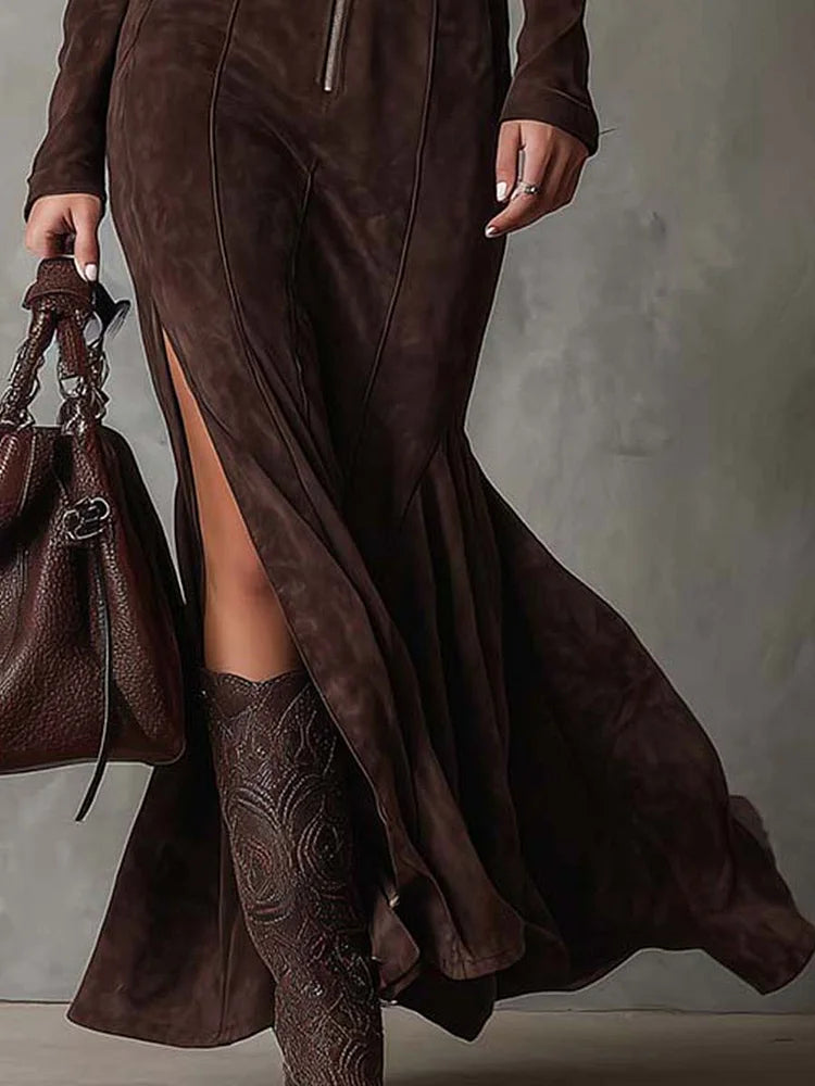 Long Suede-Effect Dress | Elegant Design | Perfect for Special Occasions | Flattering Fit