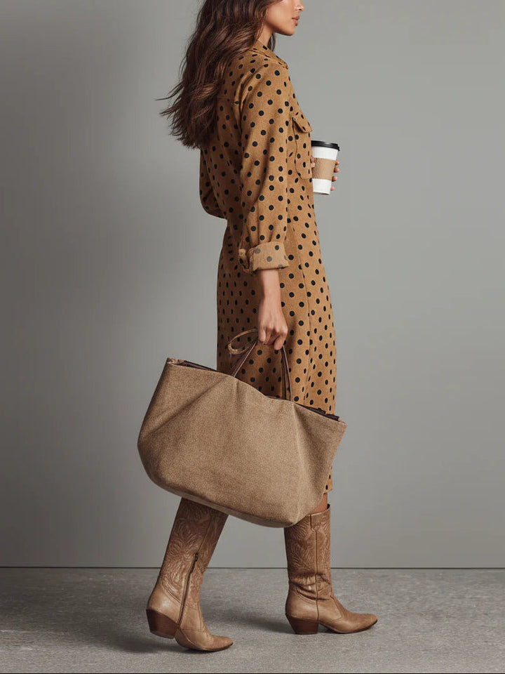 Polka Dot Midi Dress | Faux Leather Design | Chic and Comfortable | Perfect for Any Occasion