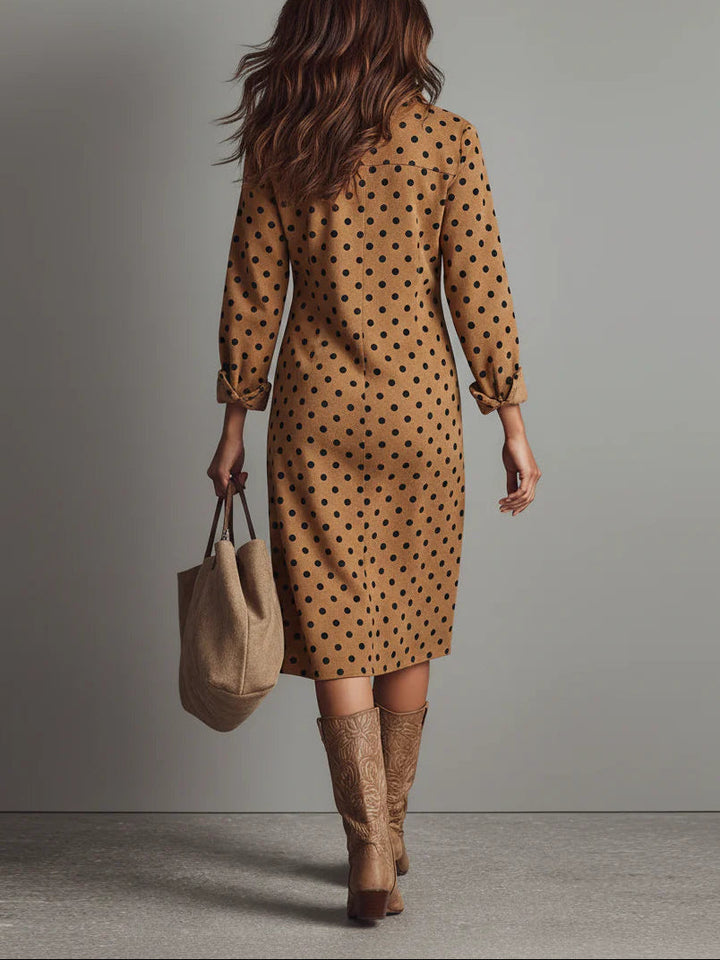 Polka Dot Midi Dress | Faux Leather Design | Chic and Comfortable | Perfect for Any Occasion