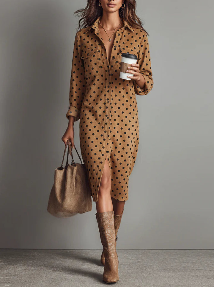 Polka Dot Midi Dress | Faux Leather Design | Chic and Comfortable | Perfect for Any Occasion