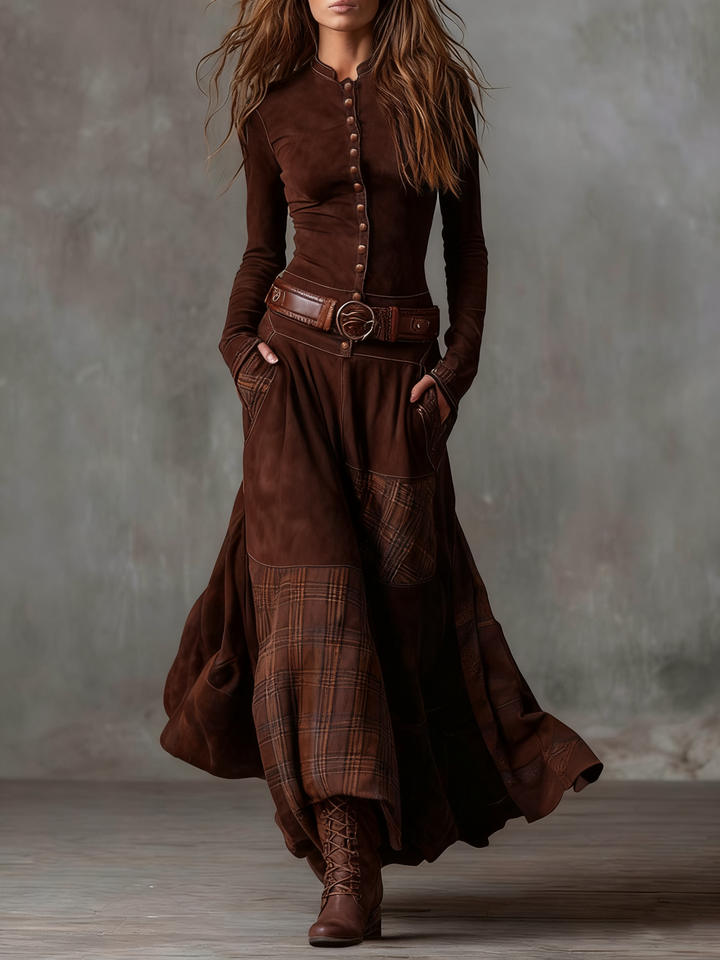 Woman wearing plaid patchwork maxi dress with button front