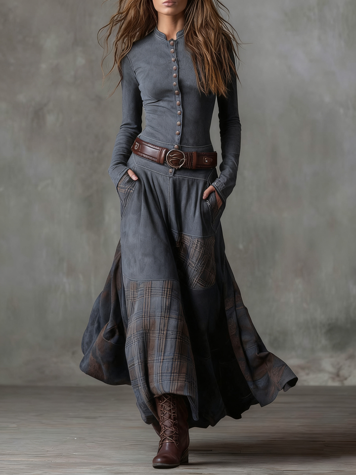 Woman wearing plaid patchwork maxi dress with button front