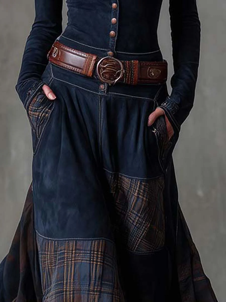 Woman wearing plaid patchwork maxi dress with button front