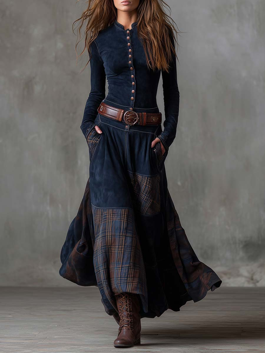 Woman wearing plaid patchwork maxi dress with button front