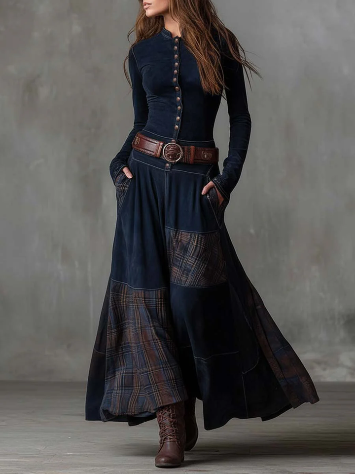 Woman wearing plaid patchwork maxi dress with button front