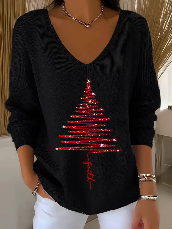 Woman wearing V-neck Christmas sweater with festive print